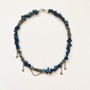 Lapis Lazuli bead string statement necklace with black hematite beads